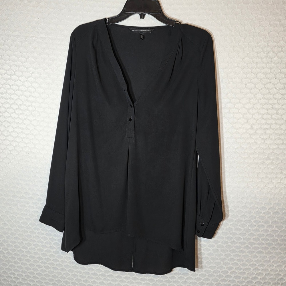 White House Black Market Black Long Sleeve V-Neck High-Low Tunic Blouse Size 4